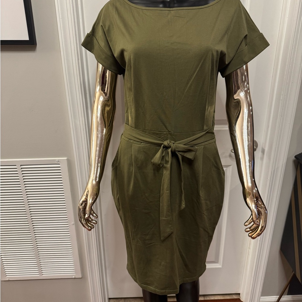 Chic Olive Green Midi Dress with Belt